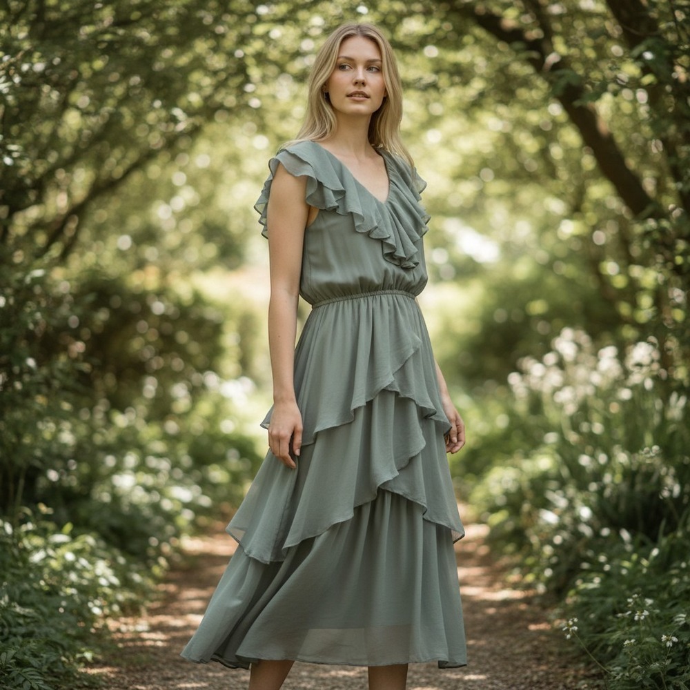 Scandal Italy‎ Sapphire Sage Green Silk Blend Tiered Ruffle Midi Dress NWT Large